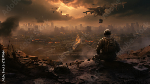 A soldier watching forces and helicopters in the sky
