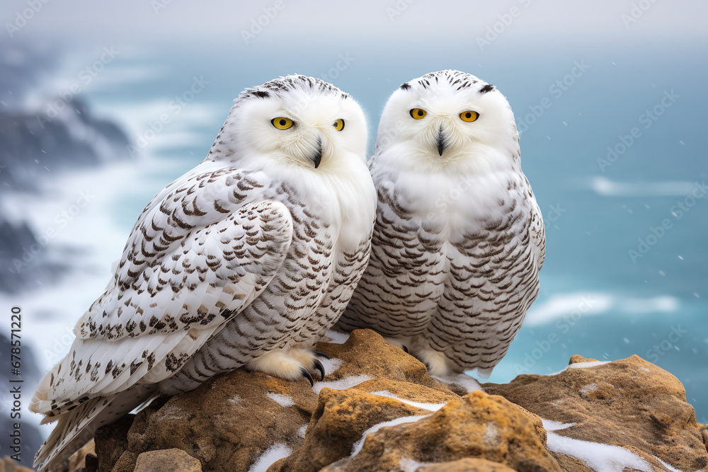 Overlooking a vast polar panorama, two snowy owls stand united, their silent bond evident as they witness the onset of a gentle snowfall. Overlooking a vast polar panorama, two snowy owls stand united, their silent bond evident as they witness the onset of a gentle snowfall.