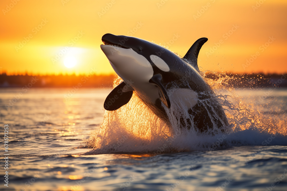 Amidst a dreamlike polar sunset, an orca whale emerges powerfully from the chilly waters, creating a dynamic interplay of movement and light. - obrazy, fototapety, plakaty 