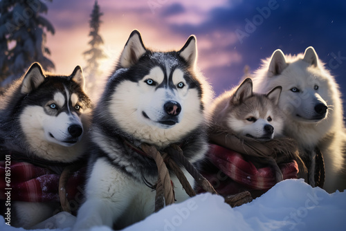  Amid the ethereal dance of the auroras, a team of huskies finds reprieve, their snow-dusted fur telling tales of Arctic expeditions.