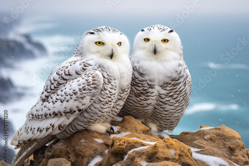 Overlooking a vast polar panorama, two snowy owls stand united, their silent bond evident as they witness the onset of a gentle snowfall.