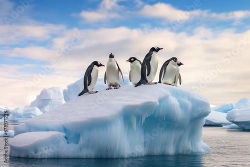The chilly Antarctic atmosphere is animated by a tight-knit group of penguins  seeking warmth and camaraderie against the colossal backdrop of a glacier.