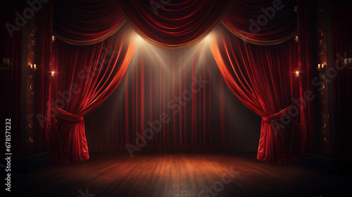A stage with a red curtain