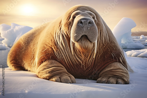Displaying majesty and relaxation, a walrus lounges on snow-covered shores, its iconic tusks catching and reflecting the subdued Arctic light.