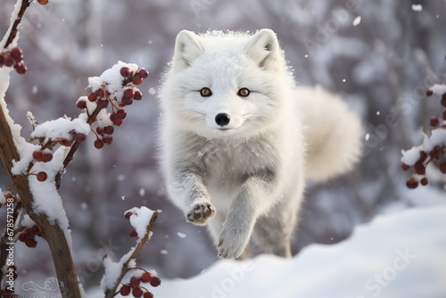  The pristine white world of the Arctic is energized by the graceful motion of an Arctic fox  its fur mirroring the snowy surroundings.