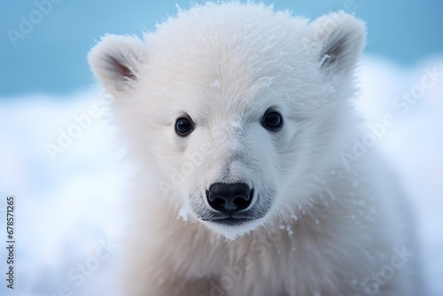 Amid the unending snow expanse, a young polar bear's icy snout and piercing blue eyes offer a glimpse into the Arctic's wild innocence.
