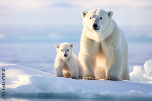 A heartwarming scene captures a protective polar bear with its cub, the stark white of their fur contrasting against the endless blue Arctic expanse.
