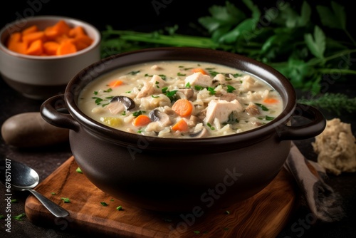 Creamy turkey soup bowl healthy cooking. Fresh starter dinner meal. Generate Ai