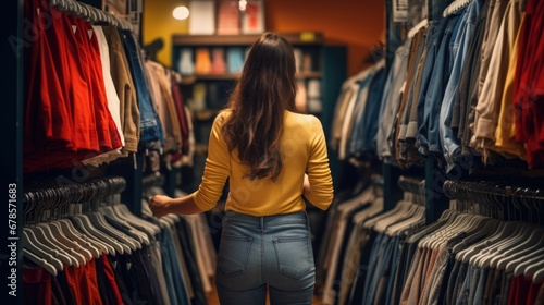 Woman in a clothes store from behind in yellow blouse not knowing what to buy at Black Friday