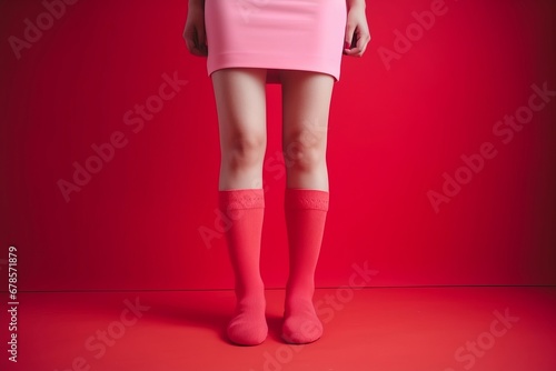 Crop woman with red socks with short skirt. Model female style design trend. Generate Ai