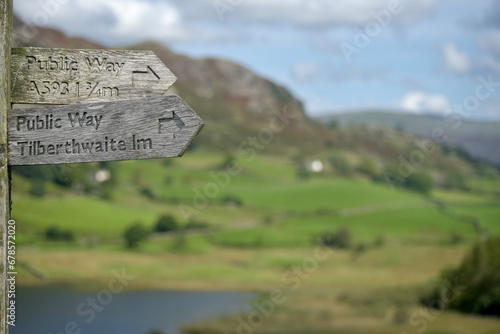 Wooden signpost in the valley of Little Langdale in the Lake District