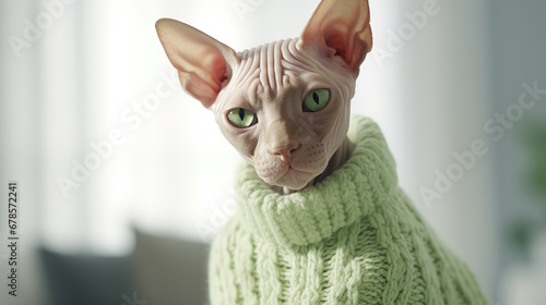 Portrait of Egyptian bald sphinx cat in warm knitted green sweater in interior of minimalist room. Cute cats, clothes for animals, pet store. photo