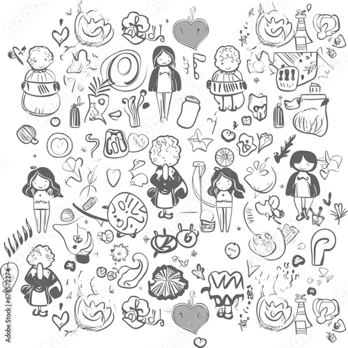 Hand drawn simple elements set. Sketch underlines  icons  emphasis  Hand drawn like kids Mother life pattern design for print including different elements of love and baby flower and kids