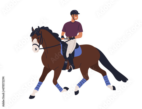 Horse riding. Happy horseman, equestrian on horseback. Horseriding, dressage activity. Smiling excited man rider on stallion, trotting. Flat graphic vector illustration isolated on white background