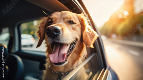 Сheerful funny dog peaking his head out of the window of a speeding car. Creative banner traveling with animals, car trips with dog. 