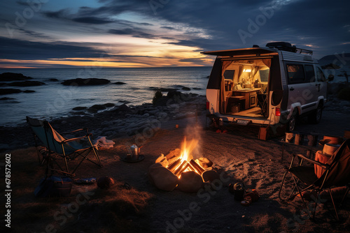 Camping by the sea. House on wheels and fire at sunset. Generated by artificial intelligence