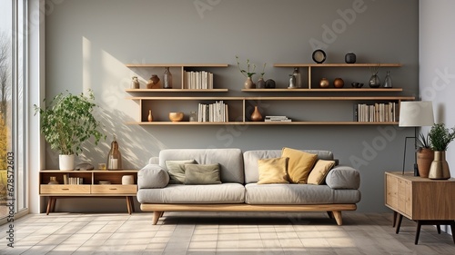 Contemporary Scandinavian living area including a bookcase on the white wall, coffee table, and sofa with a sophisticated blanket. Dark-hued parquet flooring. idea for a simple living space. . photo