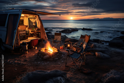 Camping by the sea. House on wheels and fire at sunset. Generated by artificial intelligence