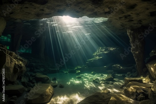 Dramatic underwater cave sunlight shining nature. Silence marine aquatic natural wall. Generate Ai