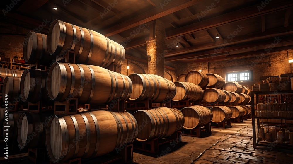 Long rows of old wooden barrel in a wine vault cellar