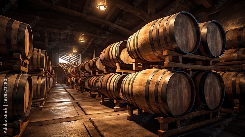 Long rows of old wooden barrel in a wine vault cellar