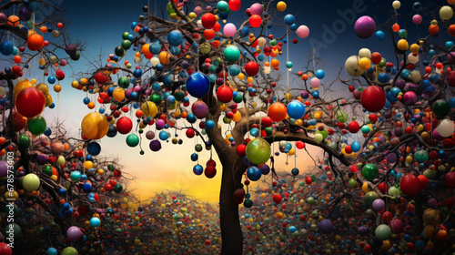 A tree filled with lots of colorful balls