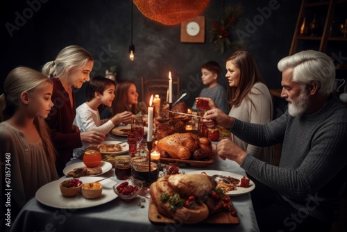 Family sharing festive holiday dinner with burning candles. Night happy tasty night occasion. Generate Ai