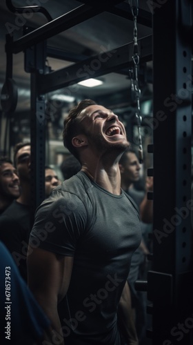 A man is laughing in a gym