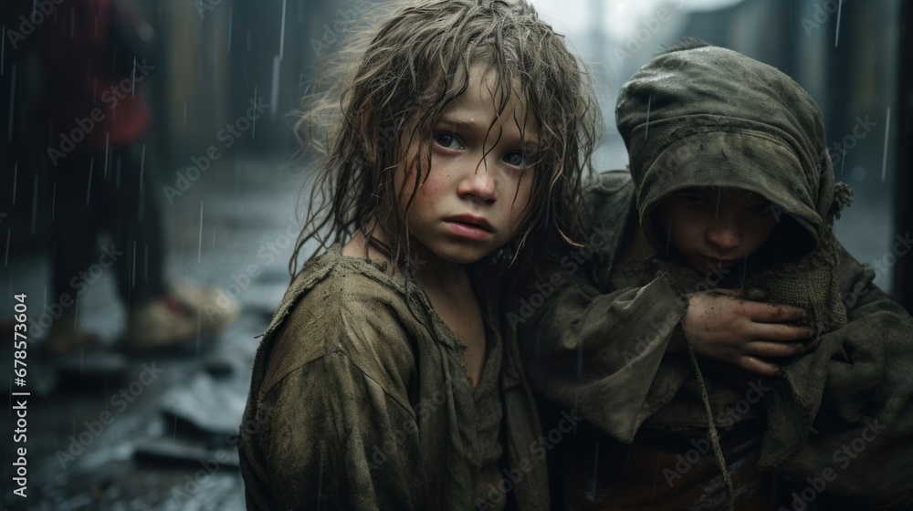 Fototapeta premium Two young children are standing in the rain