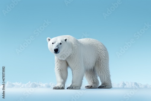 Polar bear prowling in snow isolated on a blue gradient background 