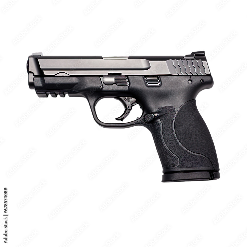 Side view of pistol isolated on a white transparent background
