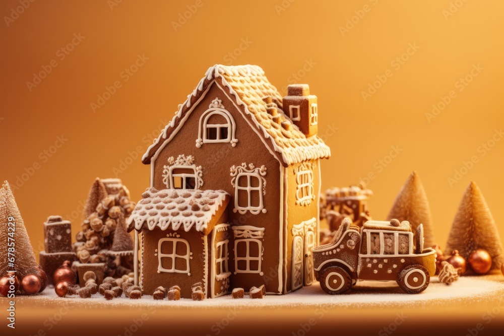 Gingerbread house assembly process isolated on a festive gradient background 