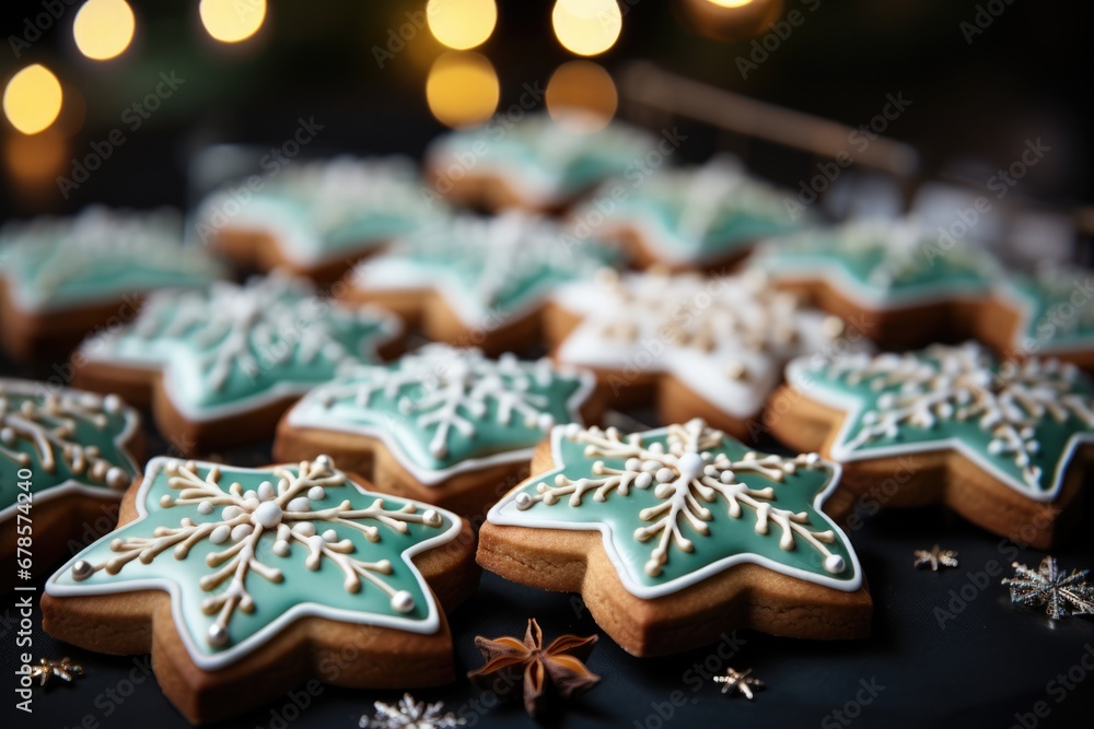 Freshly baked Christmas cookies cooling isolated on a green gradient background 