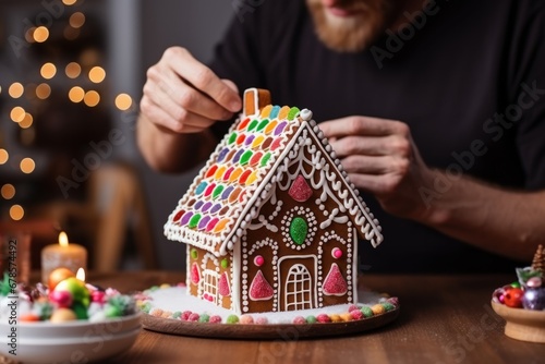 Artisan meticulously decorating a homemade gingerbread house with colorful candies 