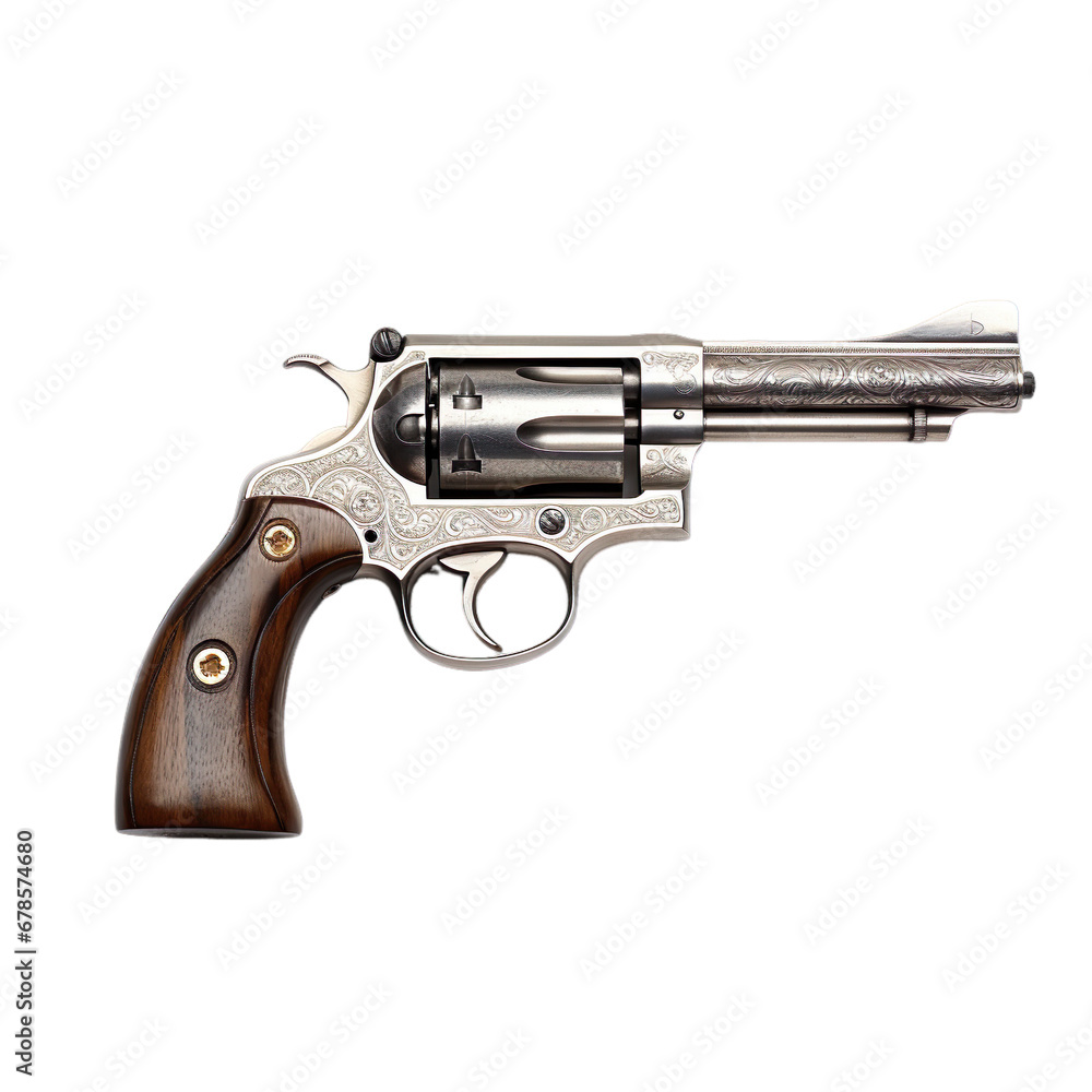 Side view of revolver isolated on a white transparent background
Side view of revolver isolated on a white transparent background