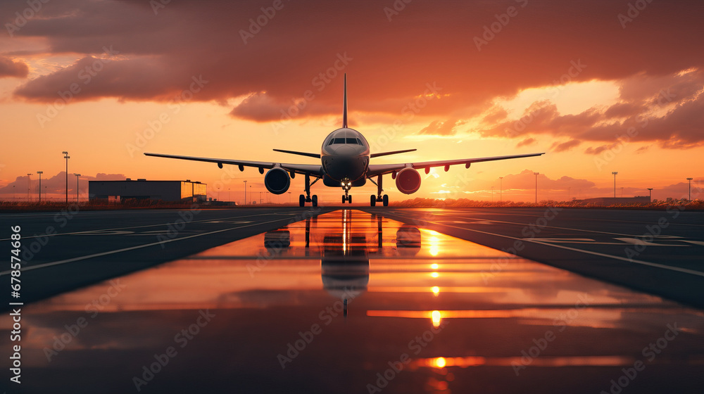 Airplane taking off from the airport with beautiful sunset background Airplane taking off from the airport with beautiful sunset background