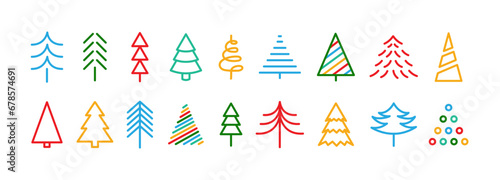 Christmas tree icons. Collection of Christmas trees in Doodle Style. Multicolored Christmas symbols in geometric style. Children's drawing of Christmas trees with crayons and pencil