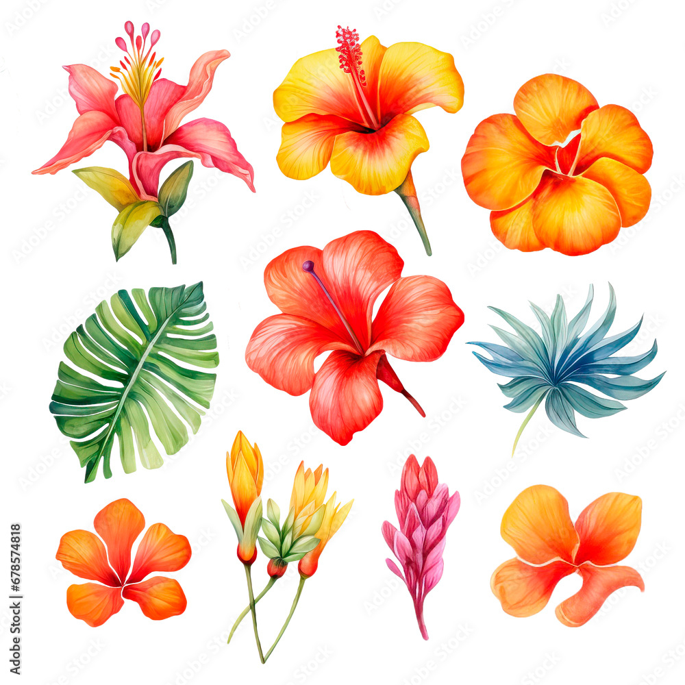 Set of exotic tropical watercolor flowers Set of exotic tropical watercolor flowers