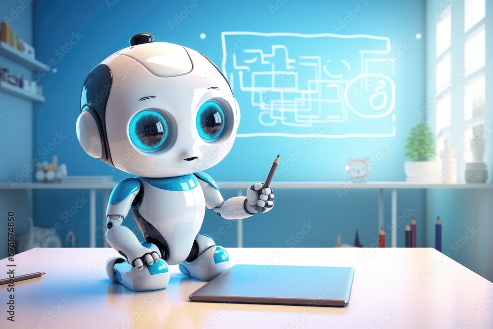 Fototapeta premium Cute artificial intelligence robot is practicing drawing and painting, AI learning concept.