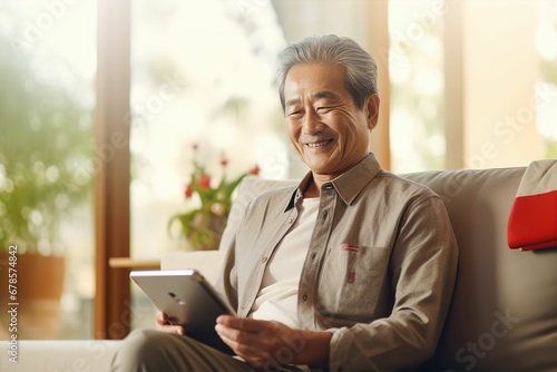 家でタブレットを見る笑顔の日本人おじいさん（デジタル端末・ガジェット・iPad） photo