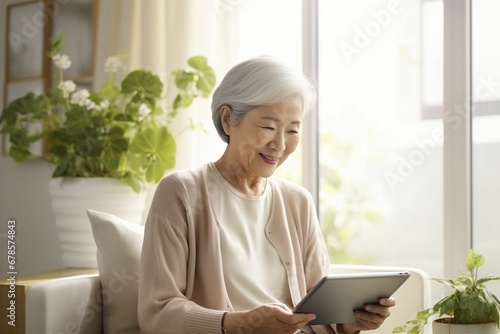 家でタブレットを見る笑顔の日本人おばあさん（デジタル端末・ガジェット・iPad） © Maki_Japan