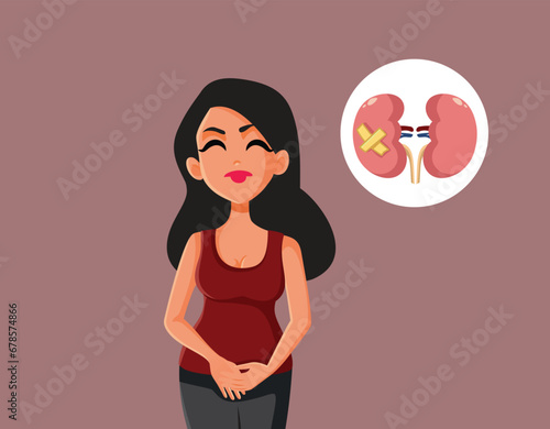 Woman Suffering from Chronic Kidney Disease Vector Illustration. Unhappy lady feeling in pain from a kidney stone condition
