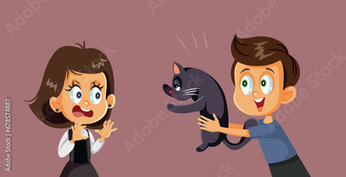 Boy Bothers his Sister with a Cat Vector Cartoon illustration. Friend taunting and bullying a colleague using a pet for pranking her
