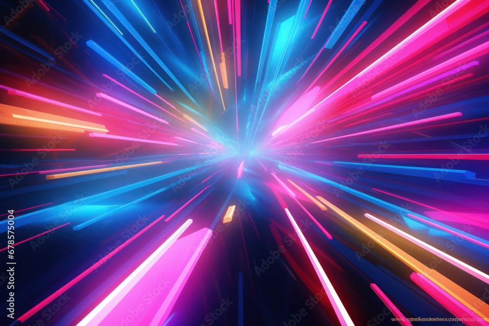 3D render, vibrant neon rays and glowing lines create abstract colorful background