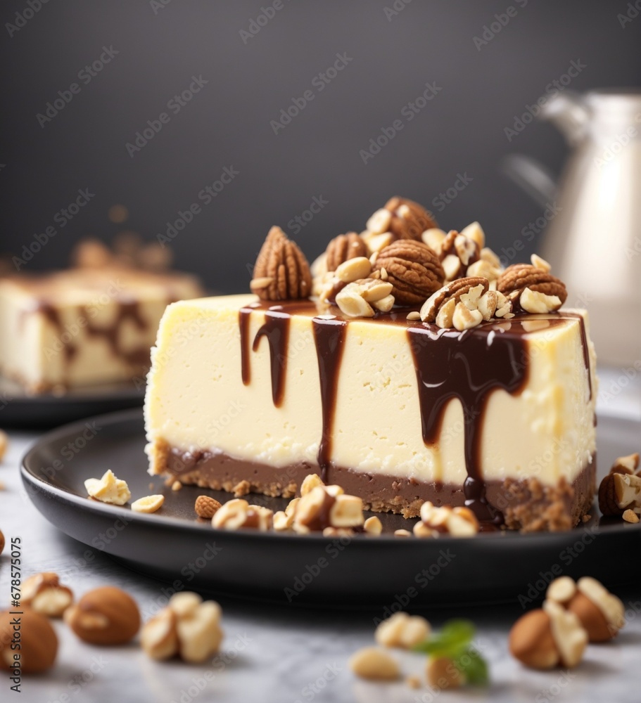 A delicious cheesecake sprinkled with goodies stands on a table with a beautiful background A delicious cheesecake sprinkled with goodies stands on a table with a beautiful background