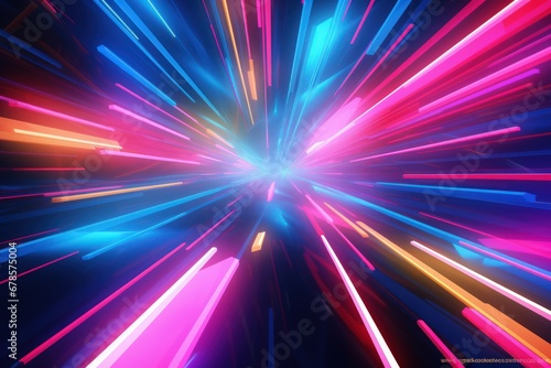 3D render, vibrant neon rays and glowing lines create abstract colorful background
