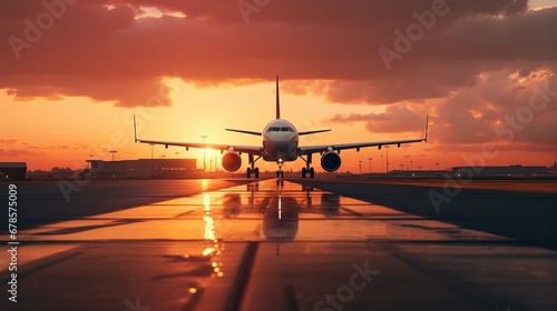 Airplane taking off from the airport with beautiful sunset background