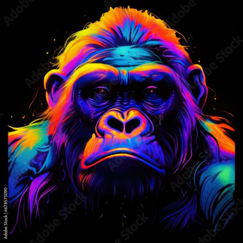 Blacklight painting-style gorilla, gorilla pop art illustration