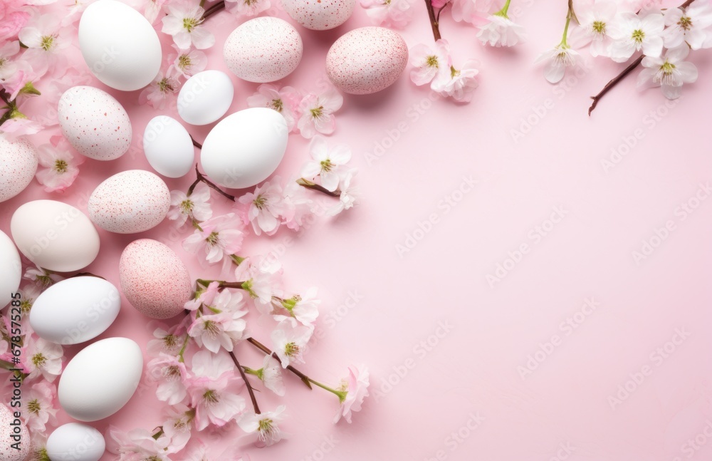 Colorful pink and white easter eggs with whites birds and leaves background with copy space, cherry blossoms, light pink and light brown, textured canvas, greeting card or banner template Colorful pink and white easter eggs with whites birds and leaves background with copy space, cherry blossoms, light pink and light brown, textured canvas, greeting card or banner template