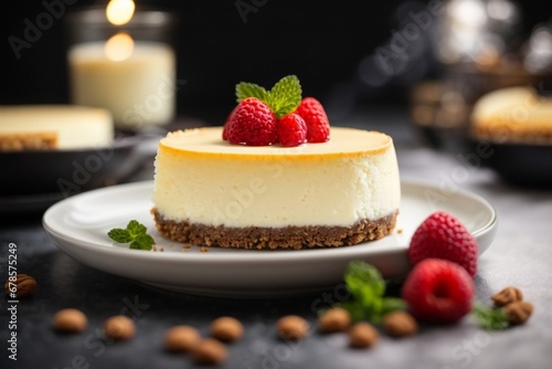Fototapeta Naklejka Na Ścianę i Meble -  A delicious cheesecake sprinkled with goodies stands on a table with a beautiful background